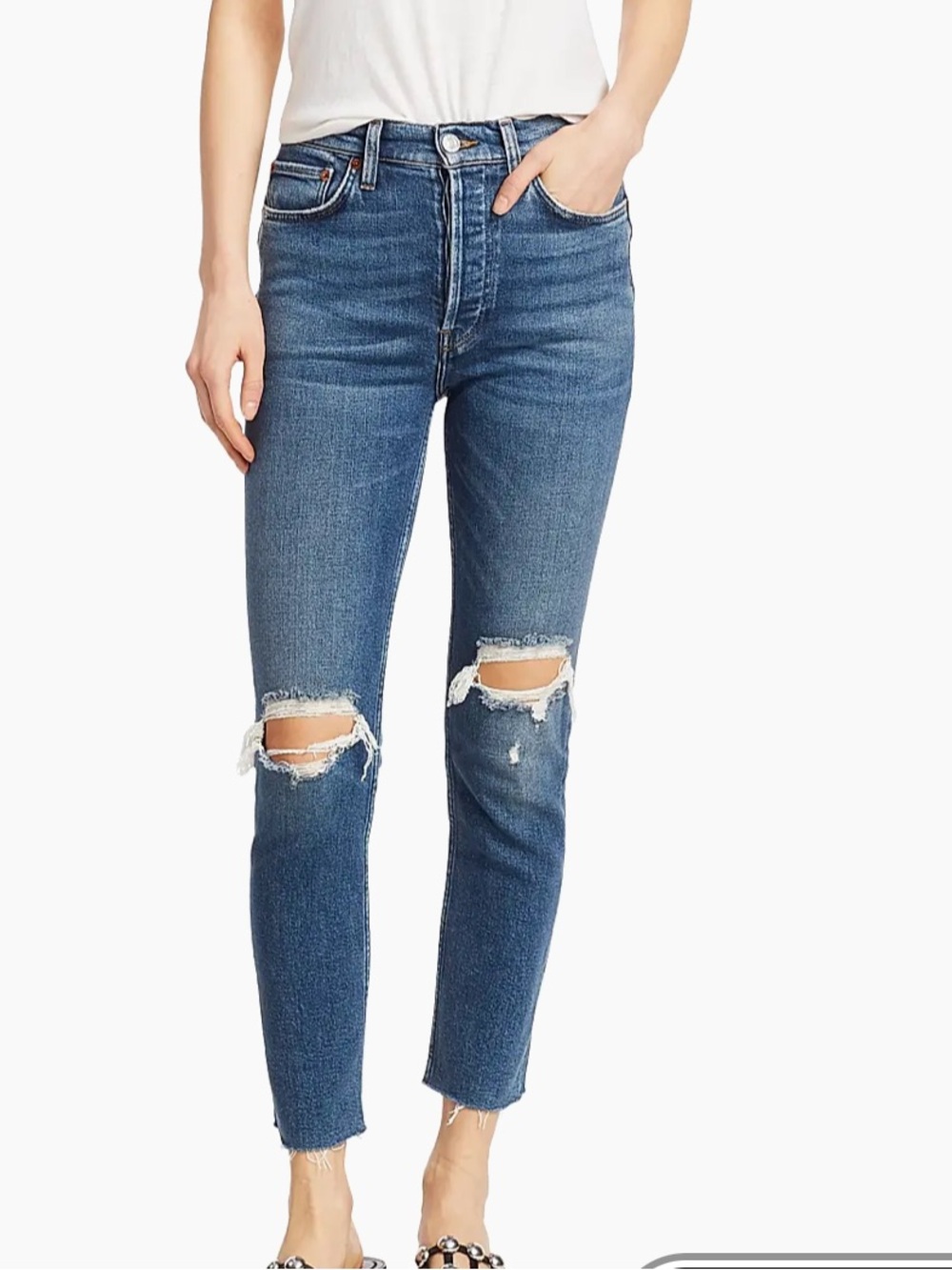 RE/DONE HIGH RISE RIPPED STRETCH SKINNY  ANKLE JEANS